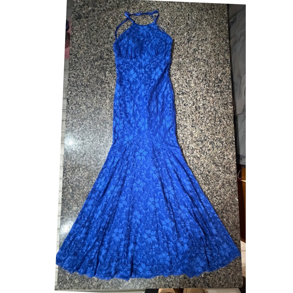 B. Darlin Royal Blue Lace Halter Open Back Mermaid Maxi Dress Size 9/10 Q1684047